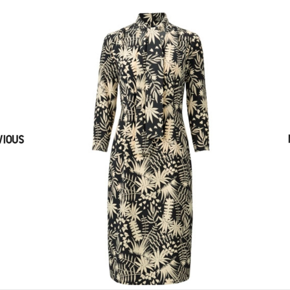Uniqlo Carine Roitfeld Bow Tie Long Sleeve Tan Black Floral Dress Size Small